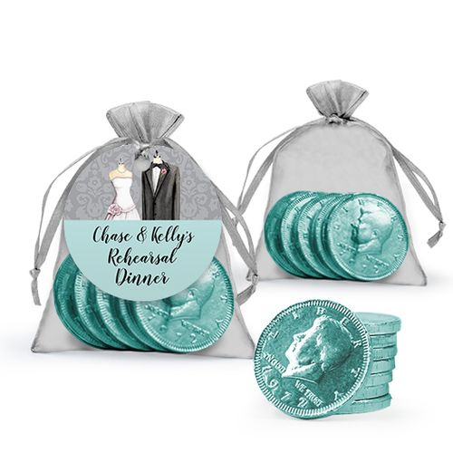 Personalized Rehearsal Dinner Favor Assembled Organza Bag, Gift tag with Milk Chocolate Coins
