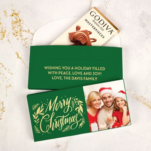 Deluxe Personalized Bonnie Marcus Christmas Festive Leaves Godiva Chocolate Bar in Gift Box