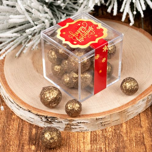 Personalized Happy Holidays JUST CANDY® favor cube with Premium Sparkling Prosecco Cordials - Dark Chocolate