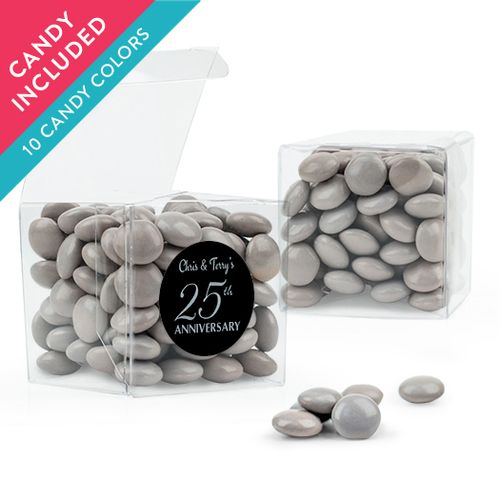 Personalized 25th Anniversary Favor Assembled Clear Box with Just Candy Milk Chocolate Minis