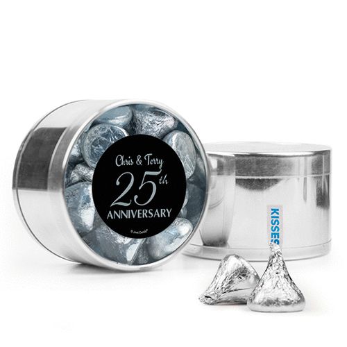 Personalized 25th Anniversary Favor Assembled Medium Round Plastic Tin with Hershey's Kisses