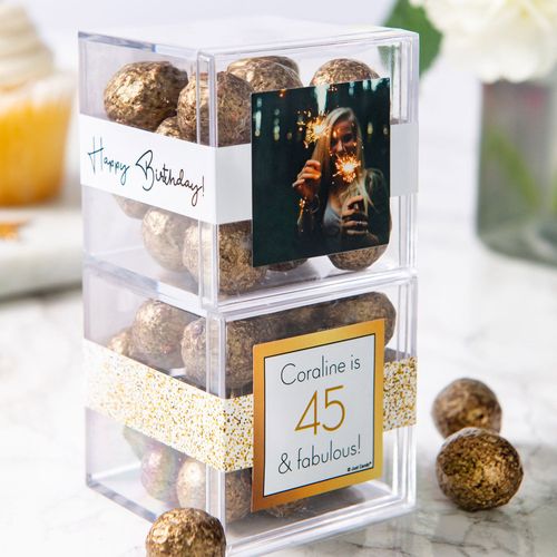 Personalized Birthday JUST CANDY® favor cube with Premium Sparkling Prosecco Cordials - Dark Chocolate