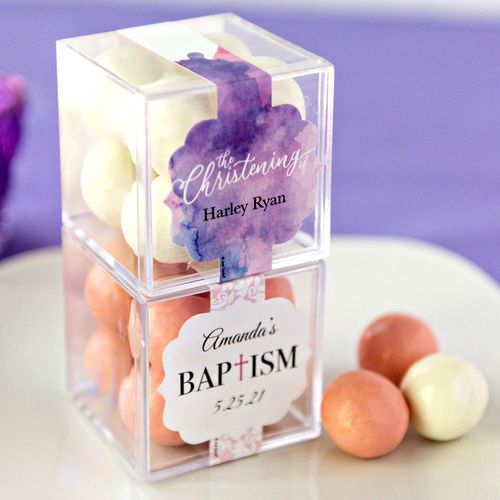 Personalized Baptism JUST CANDY® favor cube with Premium Malted Milk Balls