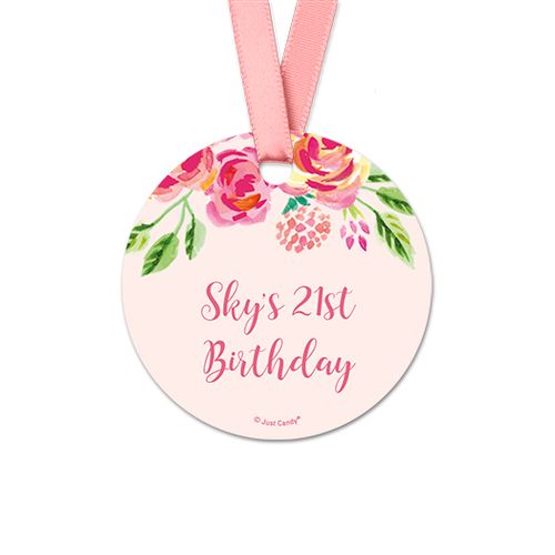 Personalized Round Pink Flowers Birthday Favor Gift Tags (20 Pack)