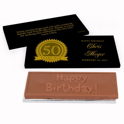 Deluxe Personalized Birthday 50th Milestones Seal Chocolate Bar in Gift Box