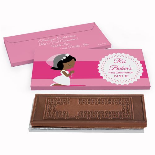 Deluxe Personalized First Communion Little Girl in Prayer Embossed Chocolate Bar in Gift Box