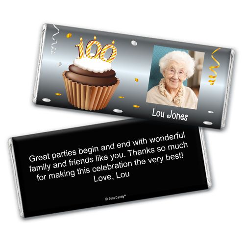 100th Birthday Personalized Chocolate Bar Wrappers Cupcake & Year Photo