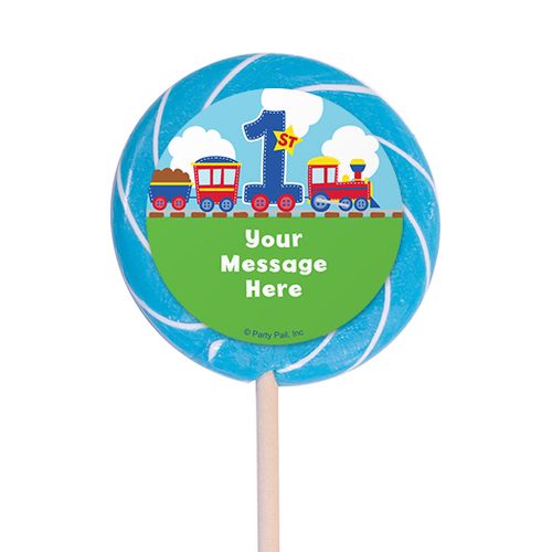 Birthday Personalized 3" Light Blue Swirly Pop Train 1st Birthday (12 Pack)