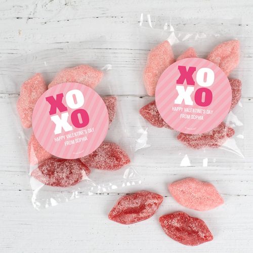 Personalized Valentine's Day XOXO Candy Bags with Jelly Belly Sour Smoochi Lips