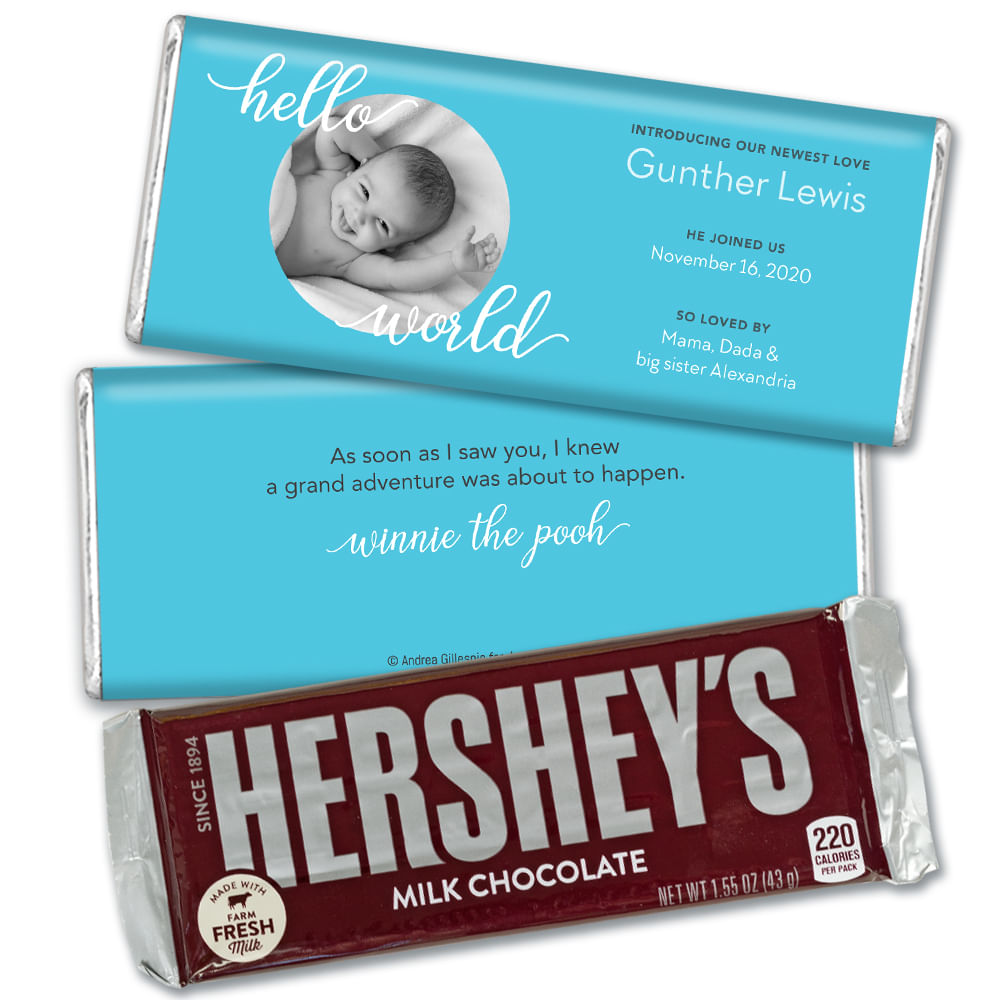 Personalized Hello World Baby Boy Birth Announcement Party Hershey's ...