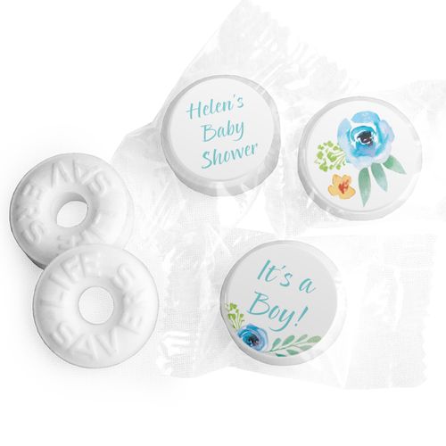 Personalized Bonnie Marcus Baby Shower Watercolor Blossom Wreath Blue Life Savers Mints