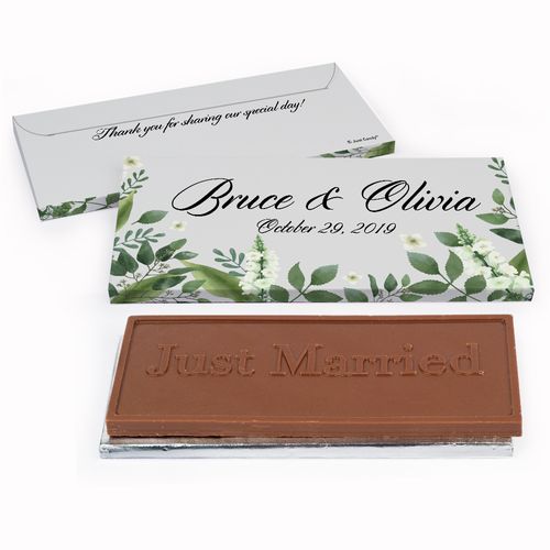 Deluxe Personalized Wedding Botanical Garden Embossed Just Married Chocolate Bar in Gift Box