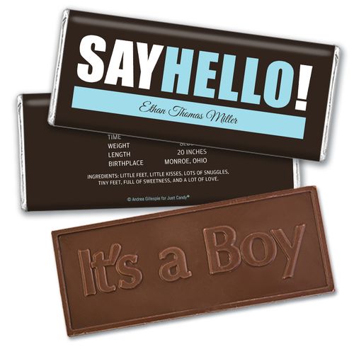 Personalized Say Hello! Baby Boy Birth Announcement Hershey's Embossed Chocolate Bar & Wrapper