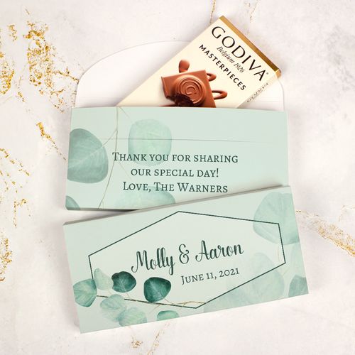 Deluxe Personalized Wedding Peaceful Eucalyptus Godiva Chocolate Bar in Gift Box
