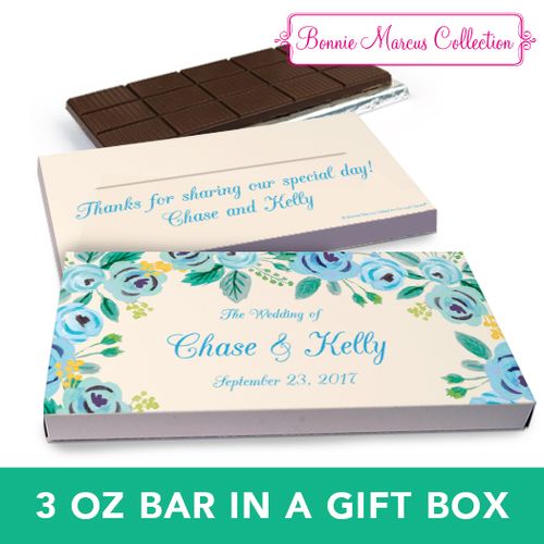 Deluxe Personalized Wedding Blue Flowers Chocolate Bar in Gift Box (3oz Bar)
