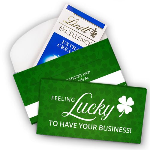 Deluxe Personalized St. Patrick's Day Add Your Logo Feeling Lucky Lindt Chocolate Bar in Gift Box (3.5oz)