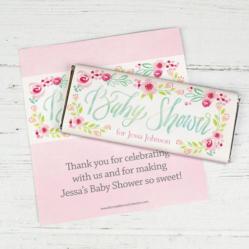 Personalized Bonnie Marcus Baby Shower Watercolor Flowers Chocolate Bar Wrappers Only