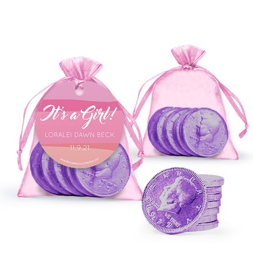 Personalized Girl Birth Announcement Favor Assembled Organza Bag, Gift tag with Milk Chocolate Coins