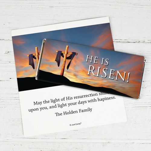Easter Personalized Chocolate Bar Wrappers He Is Risen Shrouded Cross