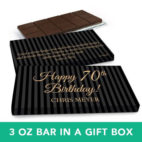 Deluxe Personalized Birthday 70th Milestones Stripes Belgian Chocolate Bar in Gift Box (3oz Bar)