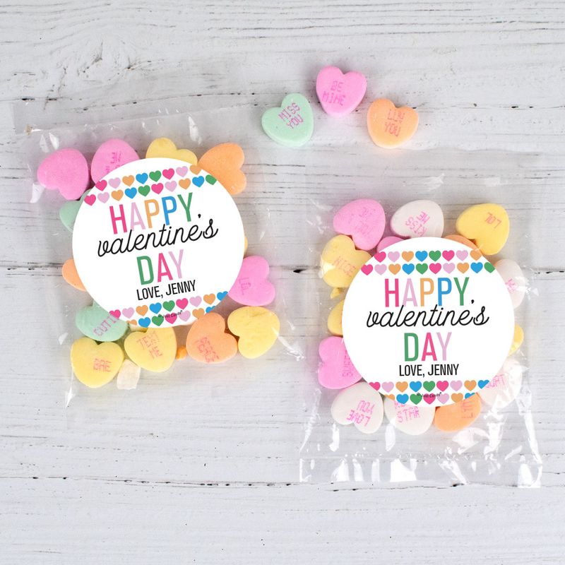 Personalized Valentine s Day Colorful Hearts 1oz Candy Bags with Conversation Hearts