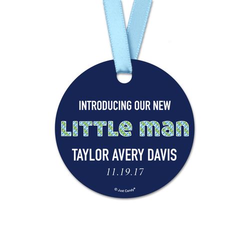 Personalized Round Baby Boy Little Man Onesie Birth Announcement Favor Gift Tags (20 Pack)
