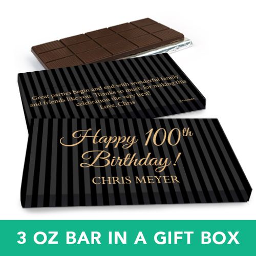 Deluxe Personalized Birthday 100th Milestones Stripes Belgian Chocolate Bar in Gift Box (3oz Bar)