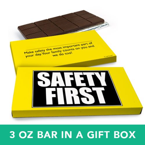Deluxe Personalized Business Safety First Belgian Chocolate Bar in Gift Box (3oz Bar)