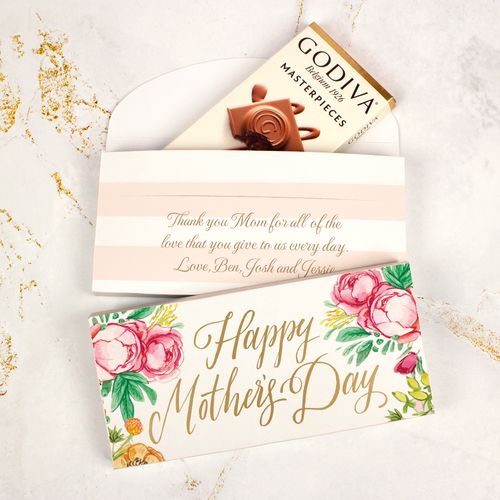Personalized Bonnie Marcus Mother's Day Pink Flowers Godiva Chocolate Bar in Gift Box