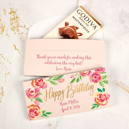 Deluxe Personalized Bonnie Marcus Birthday Pink Flowers Godiva Chocolate Bar in Gift Box