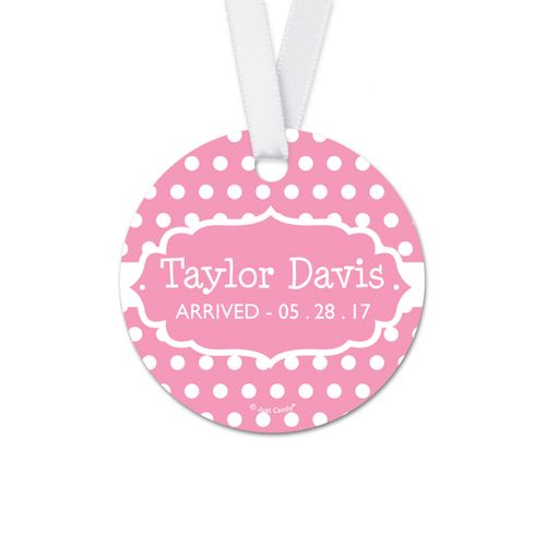 Personalized Round Baby Girl Tiny Dots Announcement Favor Gift Tags (20 Pack)