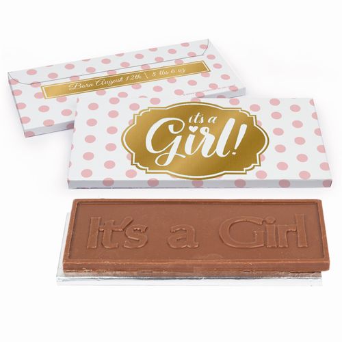 Deluxe Personalized Baby Girl Announcement Watermark Chocolate Bar in Metallic Gift Box