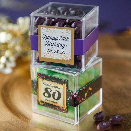 Personalized Milestone 80th Birthday JUST CANDY� favor cube with Jelly Belly Jelly Beans