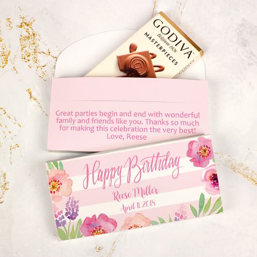Deluxe Personalized Bonnie Marcus Birthday Floral Embrace Godiva Chocolate Bar in Gift Box