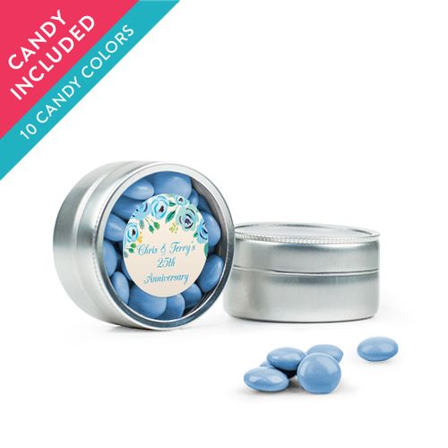 Personalized Anniversary Favor Assembled Mini Round Tin with Just Candy Milk Chocolate Minis