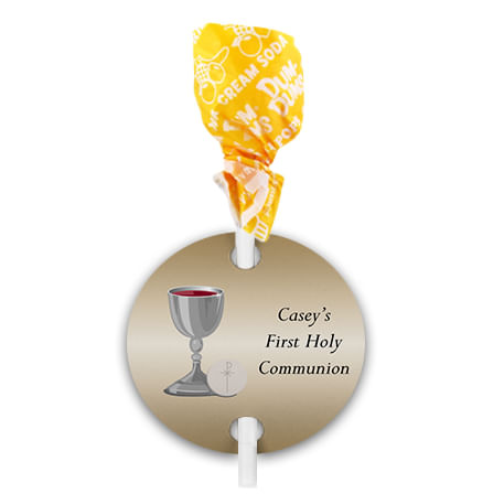 Personalized Girl First Communion Host & Silver Chalice Dum Dums with Gift Tag (75 pops)