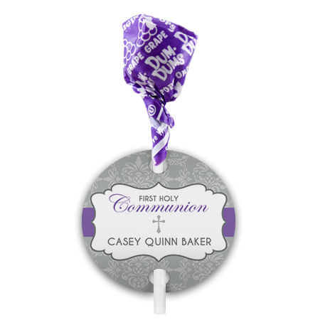Personalized Girl First Communion Fluer Di Lis Cross Dum Dums with Gift Tag (75 pops)