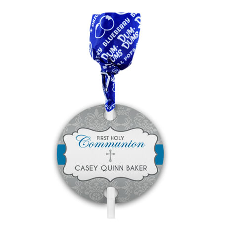 Personalized Boy First Communion Fluer Di Lis Cross Dum Dums with Gift Tag (75 pops)
