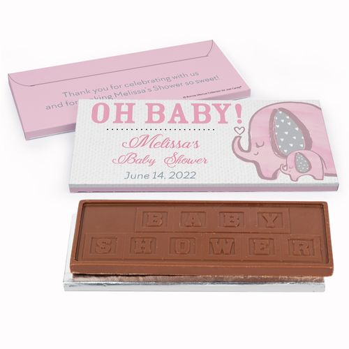 Deluxe Personalized Baby Shower Pink Elephants Embossed Chocolate Bar in Gift Box