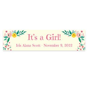 Personalized Baby Girl Announcements Pink Flowers 5 Ft. Banner
