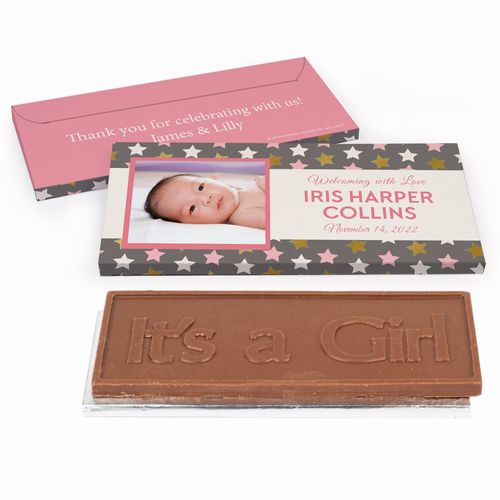 Deluxe Personalized Baby Girl Announcement Star Girl Chocolate Bar in Metallic Gift Box