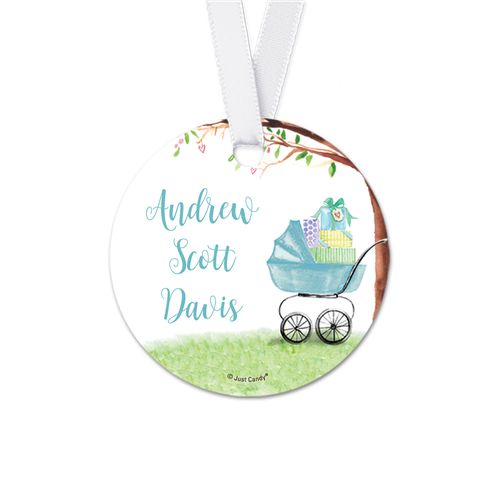 Personalized Round Carriage Baby Boy Announcement Favor Gift Tags (20 Pack)