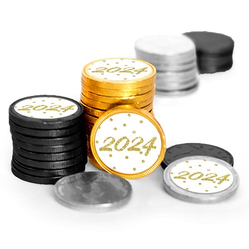 New Year's Eve Gold Dots Milk Chocolate Black, Silver, & Gold Coins (84 Pack)