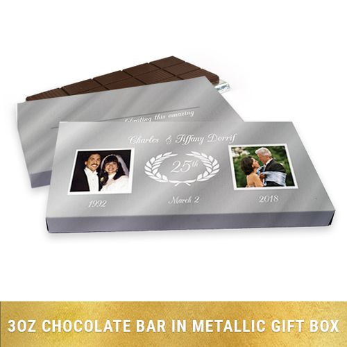 Deluxe Personalized Anniversary Gilded Fluer De Lis Gold Chocolate Bar in Silver Metallic Gift Box