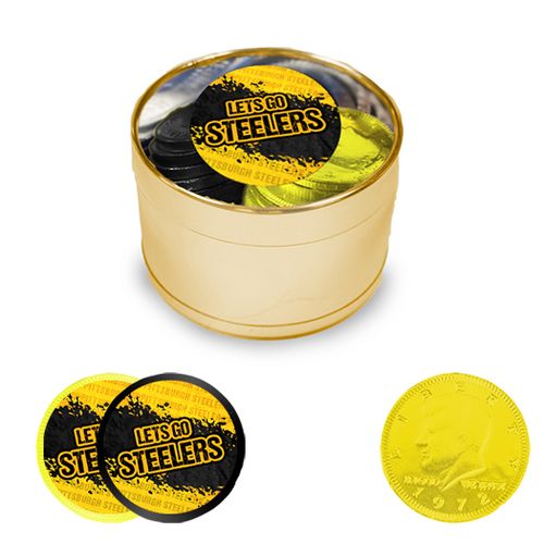 Let's Go Steelers Milk Chocolate Coins in Medium Gold Plastic Tin (24 Coins with Stickers)