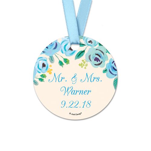 Personalized Bonnie Marcus Collection Round Blue Flowers Wedding Favor Gift Tags (20 Pack)