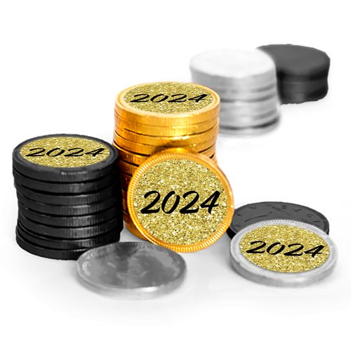 New Year's Eve Shimmering Gold Milk Chocolate Black, Silver, & Gold Coins (84 Pack)
