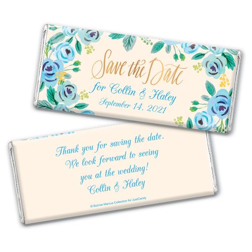Bonnie Marcus Collection Personalized Chocolate Bar Wrappers Chocolate & Wrapper Here's Something Blue Save the Date Favors