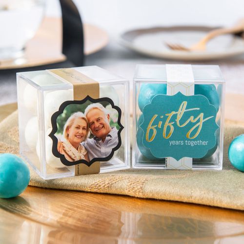 Personalized 50th Anniversary JUST CANDY® favor cube with Premium Malted Milk Balls