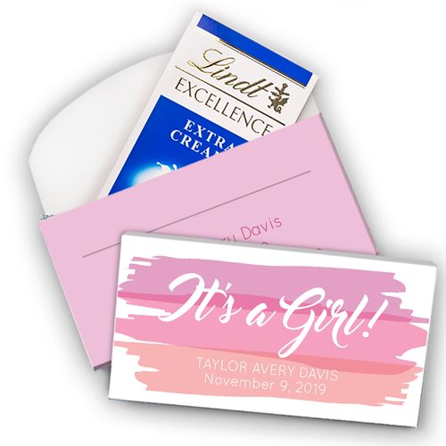 Deluxe Personalized Girl Birth Announcement Watercolor Lindt Chocolate Bar in Gift Box (3.5oz)
